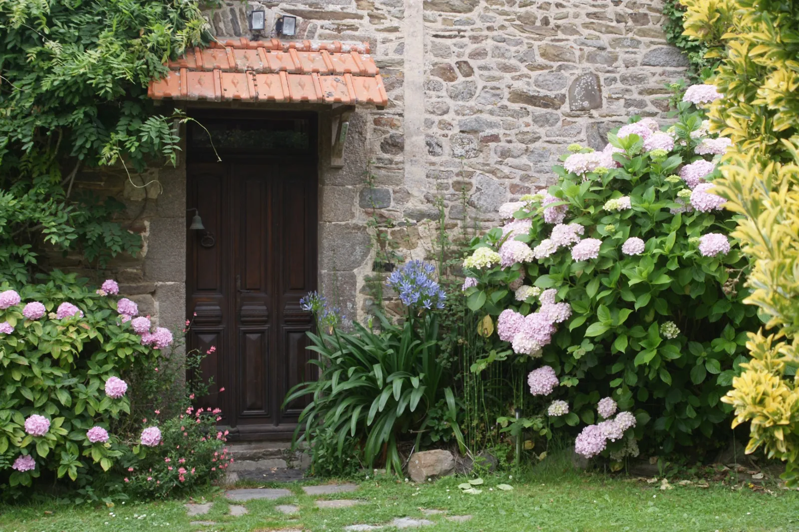 Porte en pierre et hortensias de la ferme